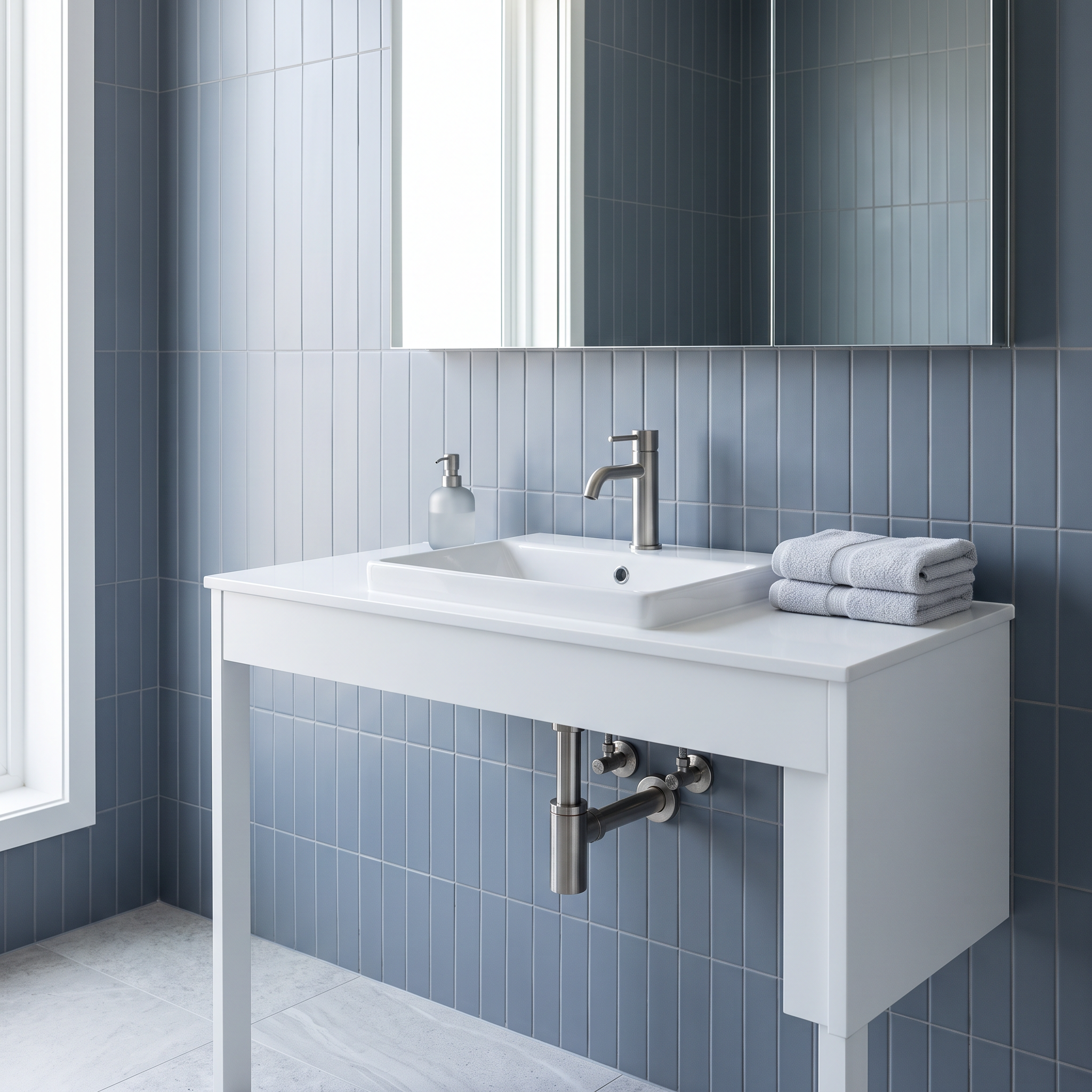 Salle de bain moderne avec une vanité blanche, un robinet chromé et du carrelage bleu-gris
