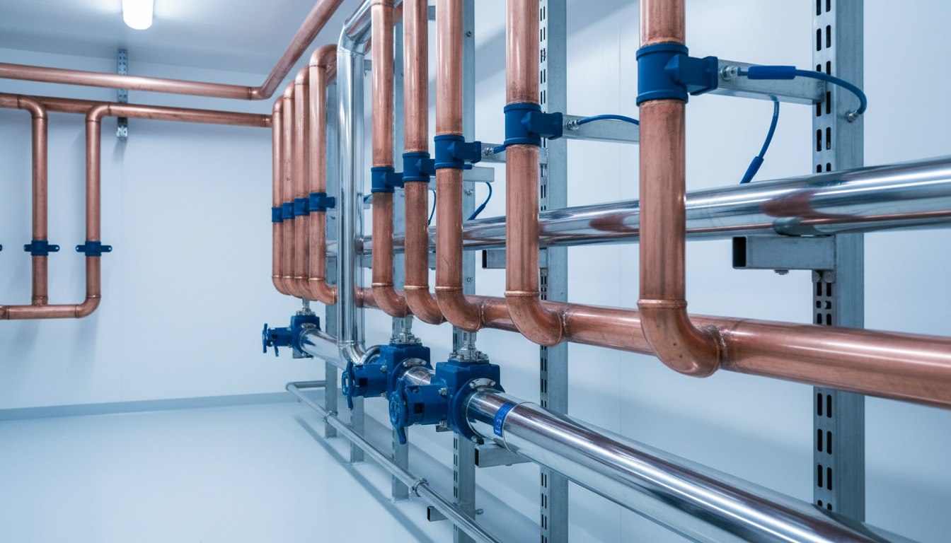 Precision aligned copper piping in a clean mechanical room