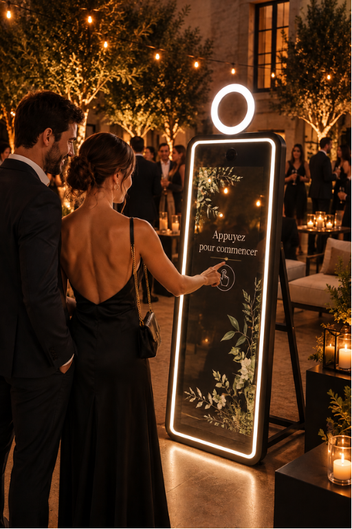 Couple utilisant le miroir photobooth en soirée