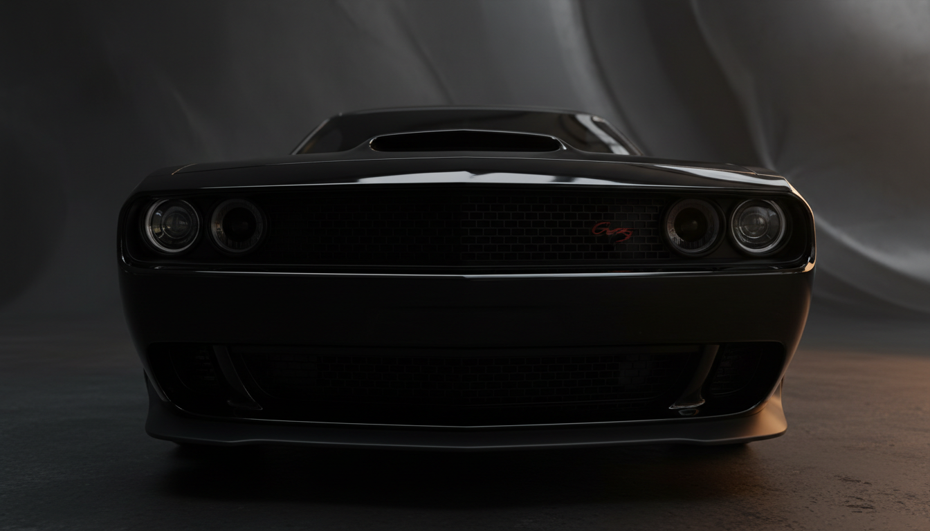 Dramatic close-up of a muscle car grille with chrome details