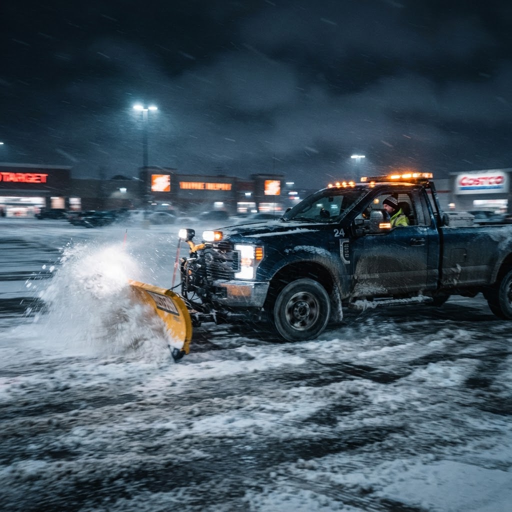 Snow plow truck clearing a commercial lot at night