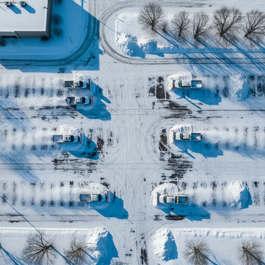 Snow removal fleet clearing commercial lot