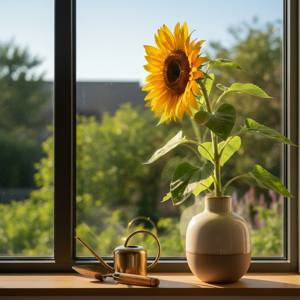 Um girassol em um vaso moderno posicionado ao lado de uma janela de vidro ampla, captando a luz solar direta e inclinando-se suavemente para a fonte luminosa.