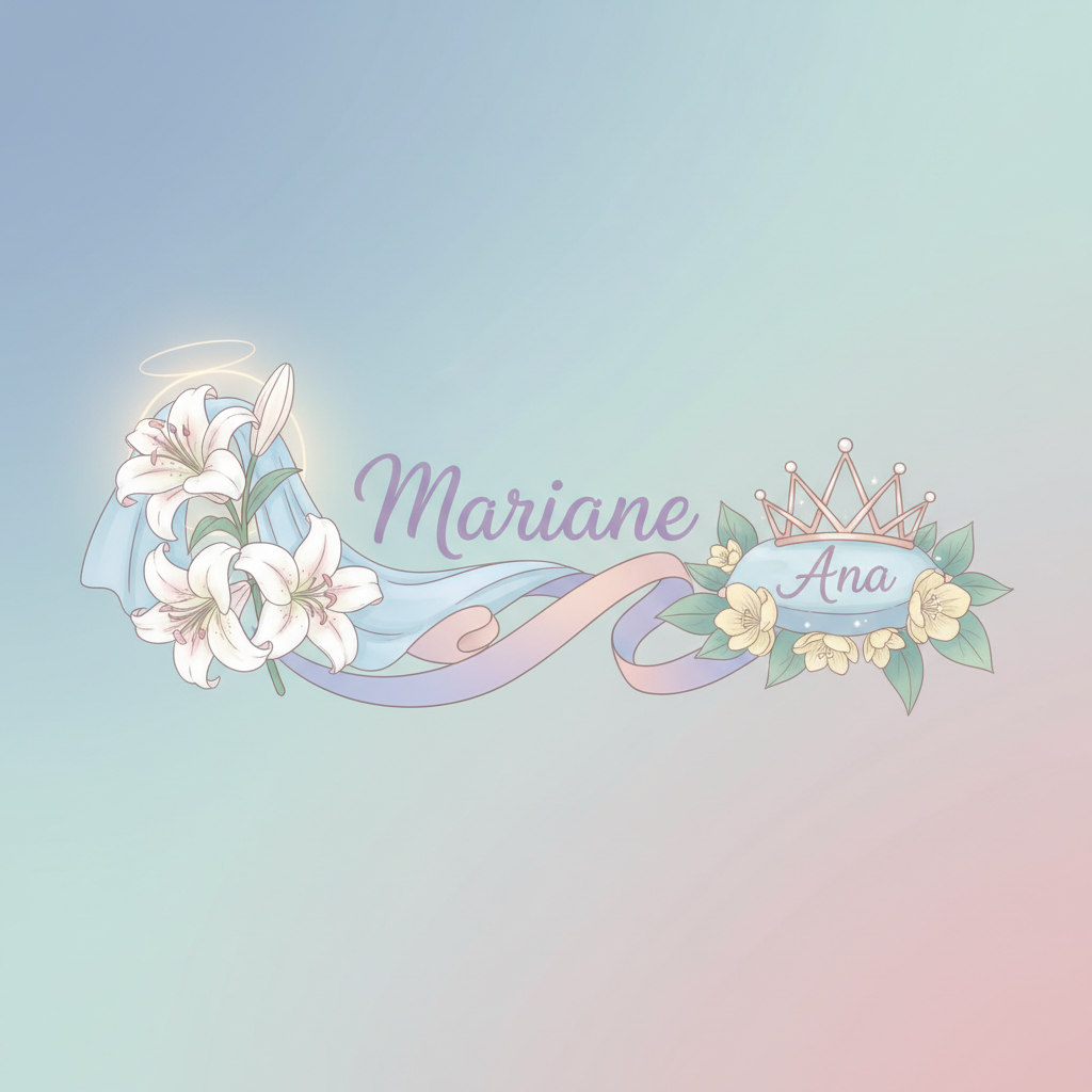 Uma ilustracao artistica e delicada em tons pasteis que simboliza a fusao dos nomes Maria e Ana, trazendo elementos como lirios e simbolos de soberania. Significado do nome Mariane