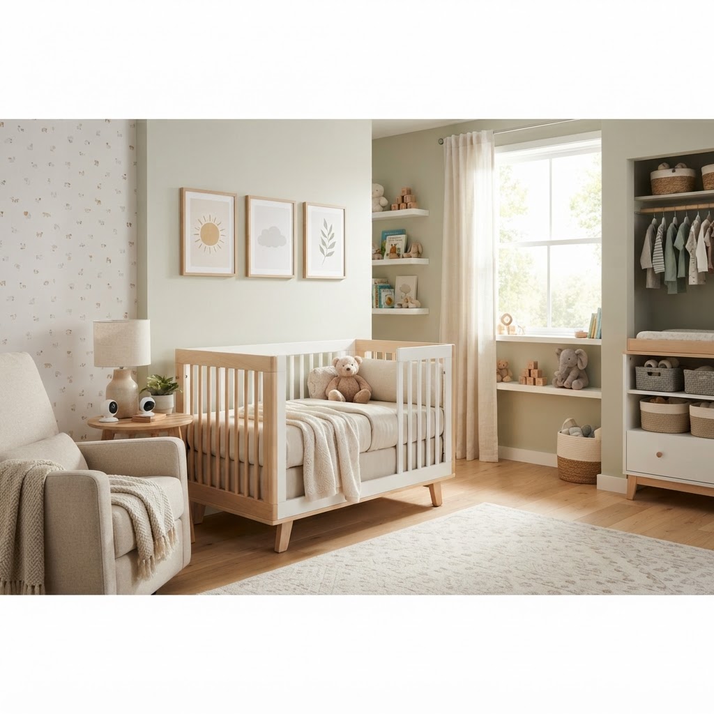 Quarto de bebê moderno com decoração minimalista e paleta de cores suaves, ilustrando visualmente as novas tendências de nomes compostos de meninos para 2026.
