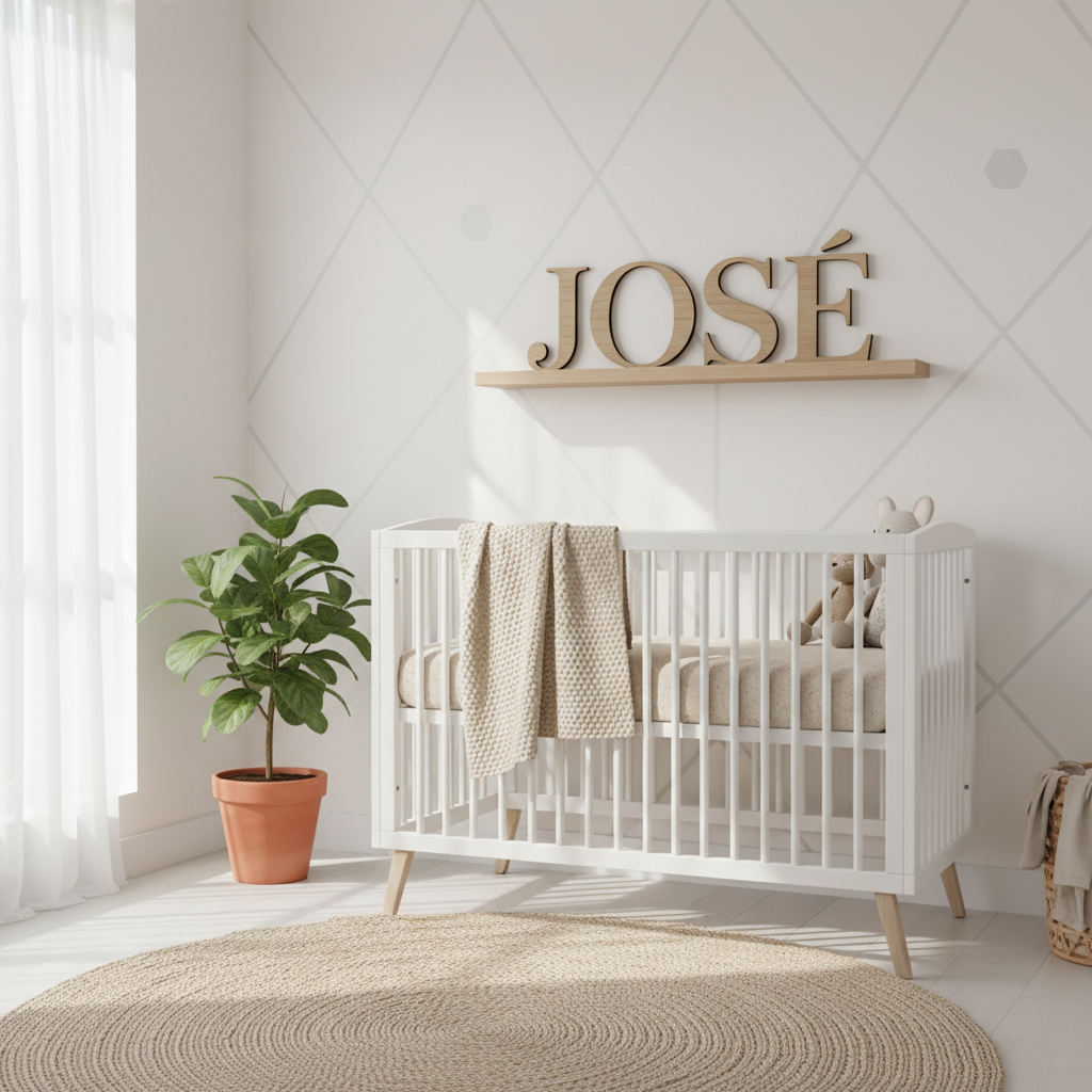 Quarto de bebê decorado seguindo a tendência minimalista de 2026, com letras de madeira sobre uma prateleira formando o nome 'José', unindo o clássico ao moderno. Nomes compostos com José