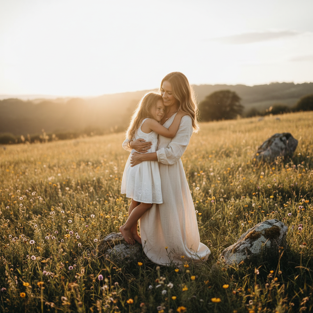 Uma fotografia emocionante de uma mae abraçando sua filha em um campo ensolarado, simbolizando a profunda ligacao entre o nome Maya, a maternidade e a energia da terra. Significado do nome Maya