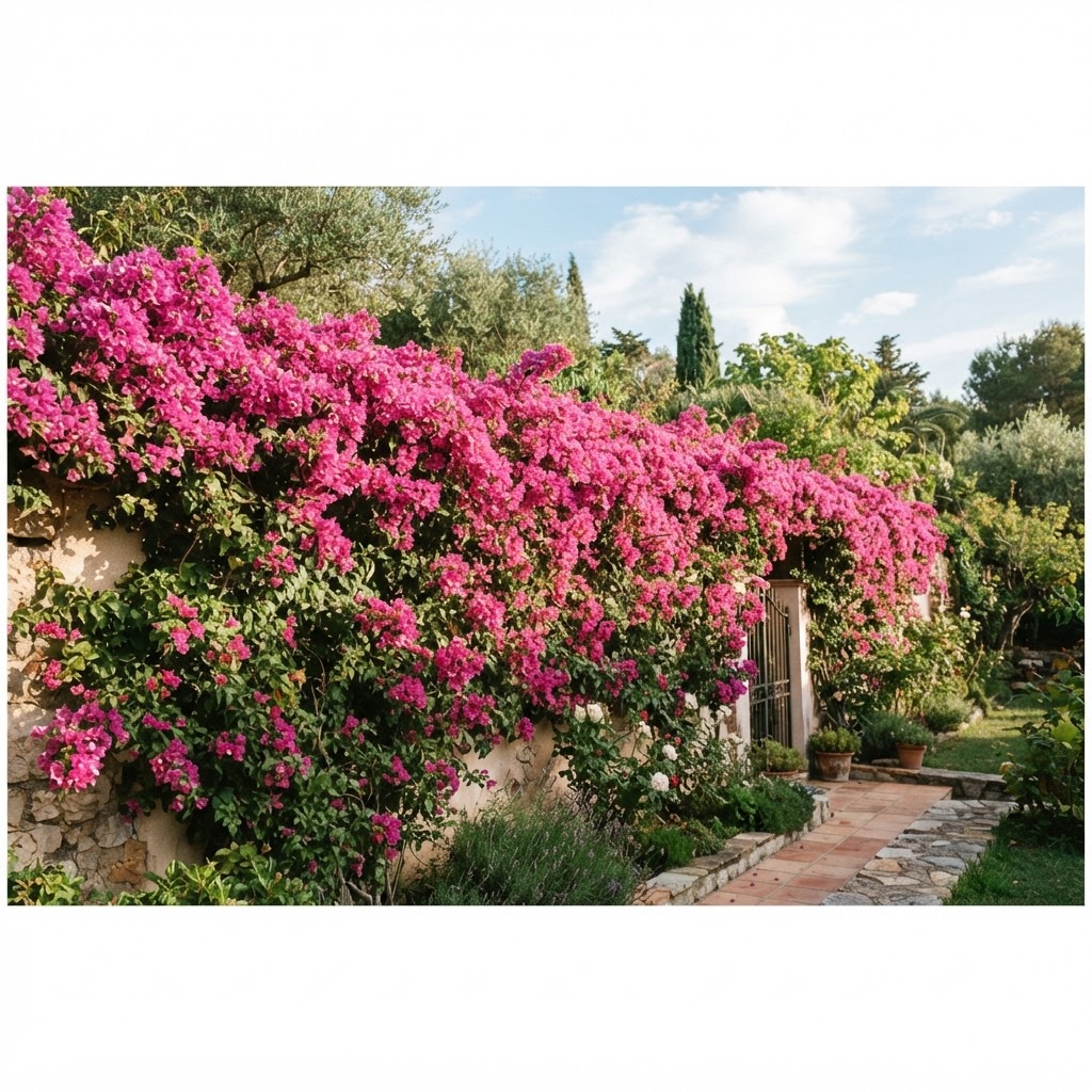 Um muro de jardim residencial totalmente coberto por uma floração densa e vibrante de Bougainville rosa, representando o sucesso no cultivo e cobertura completa da estrutura.
