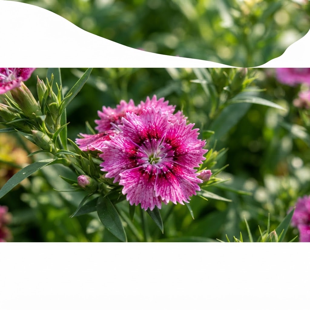 Close-up detalhado de uma flor de Cravina da China (Dianthus chinensis) destacando as icônicas pétalas com bordas serrilhadas em tons vibrantes de rosa e centro púrpura.