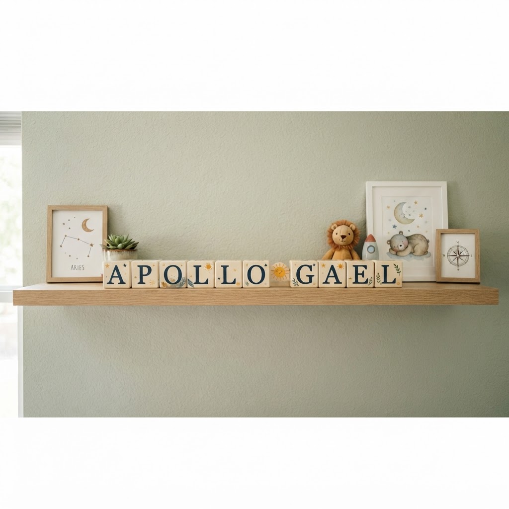 Prateleira de um quarto infantil com cubos decorativos formando o nome 'Apollo Gael', sugerindo combinações de nomes compostos.