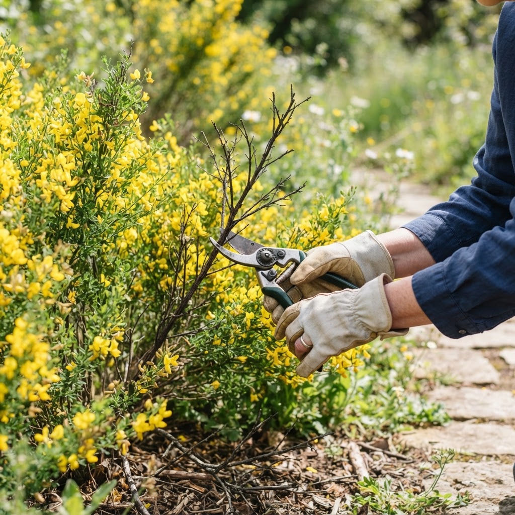 Mãos utilizando tesouras de jardinagem para realizar a poda de manutenção em uma Giesta, focando na remoção de ramos antigos para dar forma ao arbusto.