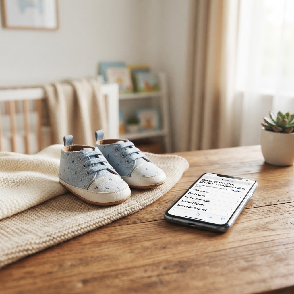 Um par de sapatinhos de bebê ao lado de um smartphone mostrando uma pesquisa sobre nomes, simbolizando a influência digital e cultural na escolha dos nomes em 2026.