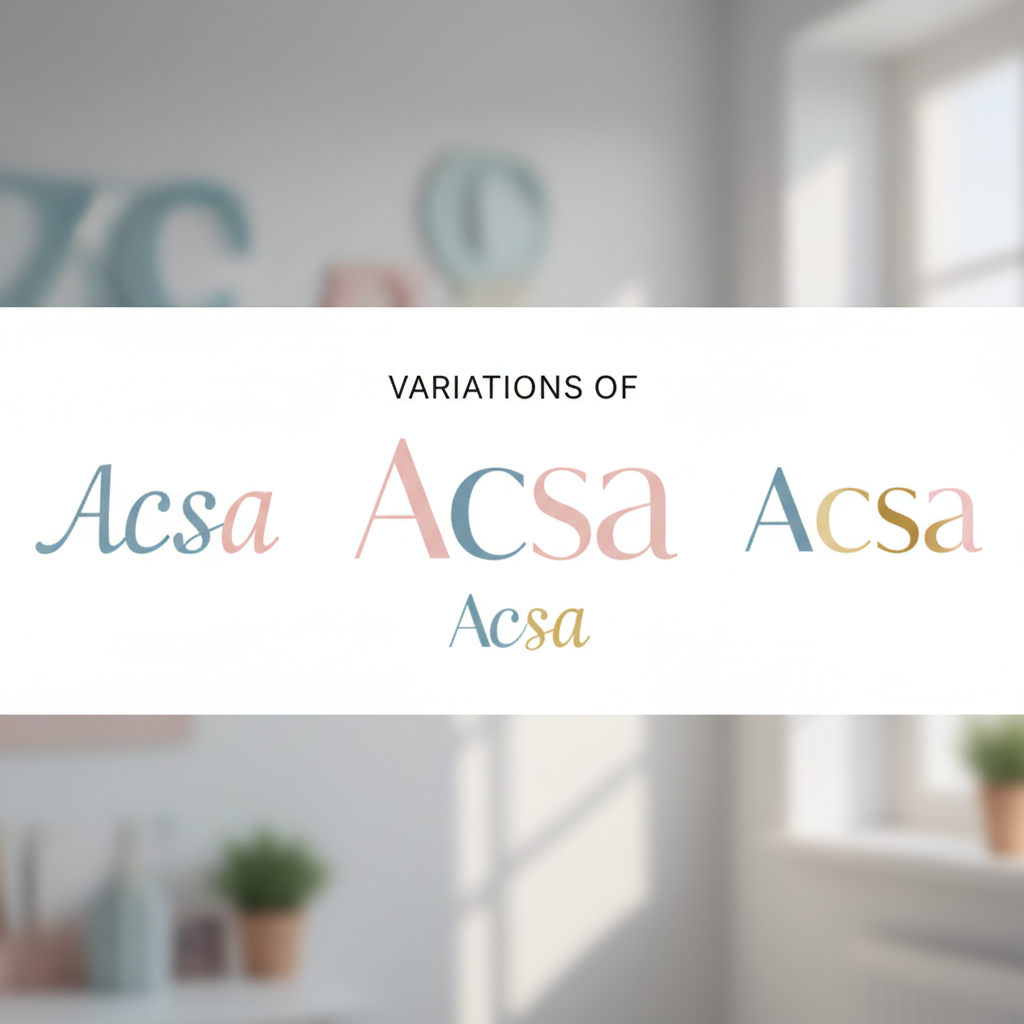 Infográfico minimalista exibindo as variações do nome Acsa em diferentes fontes clássicas e modernas, ilustrando sua adaptação e beleza estética em diversas grafias.