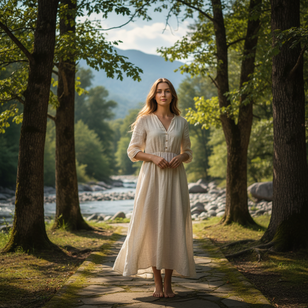 Retrato de uma mulher jovem com expressao serena e confiante em um ambiente natural, capturando a essencia de equilibrio e determinacao da personalidade Mariane.