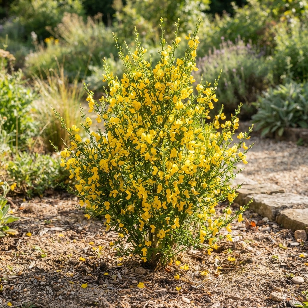 Um arbusto de Giesta plantado em um jardim ensolarado com solo bem drenado, recebendo luz direta do sol para exemplificar as condições ideais de cultivo.