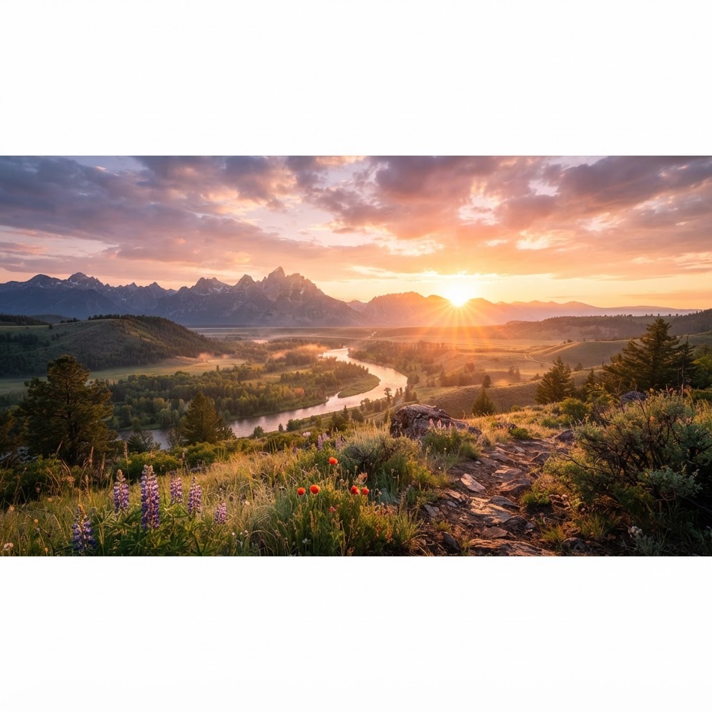 Uma paisagem ao amanhecer com o sol surgindo no horizonte, representando a luz e o brilho contidos no significado do nome Apollo.