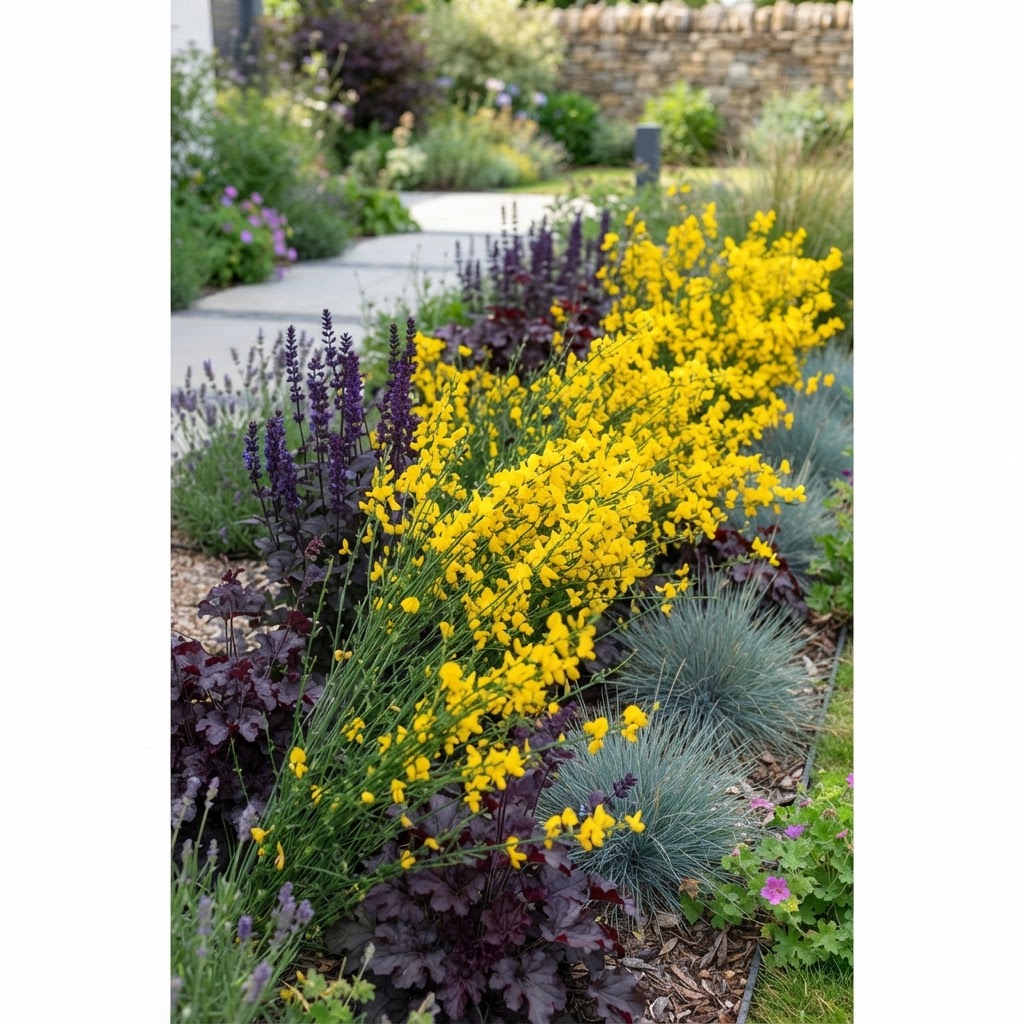 Composição de paisagismo mostrando a Giesta em contraste com plantas de folhagem roxa ou azulada, criando um design de jardim moderno e vibrante.