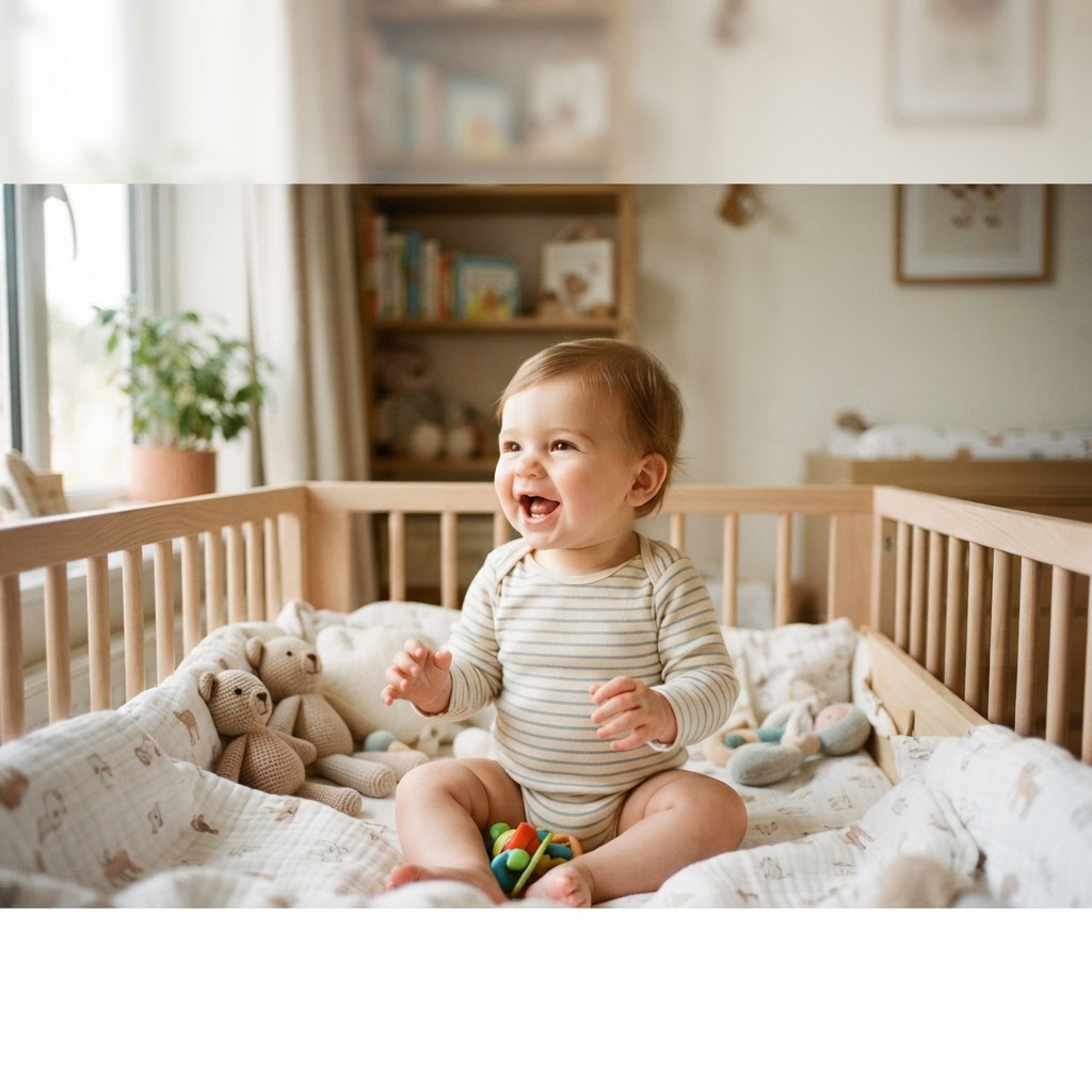 Bebê por volta dos 6 meses de idade balbuciando alegremente no berço, mostrando o início da experimentação sonora antes das primeiras palavras.