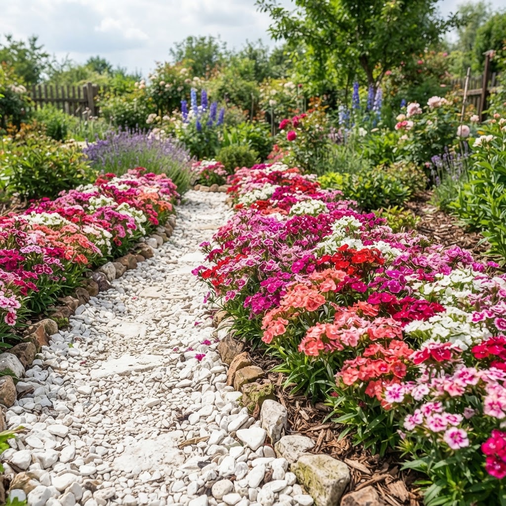 Um canteiro de jardim decorativo com bordaduras densas de Cravina da China criando um contraste colorido ao longo de um caminho de pedras brancas.