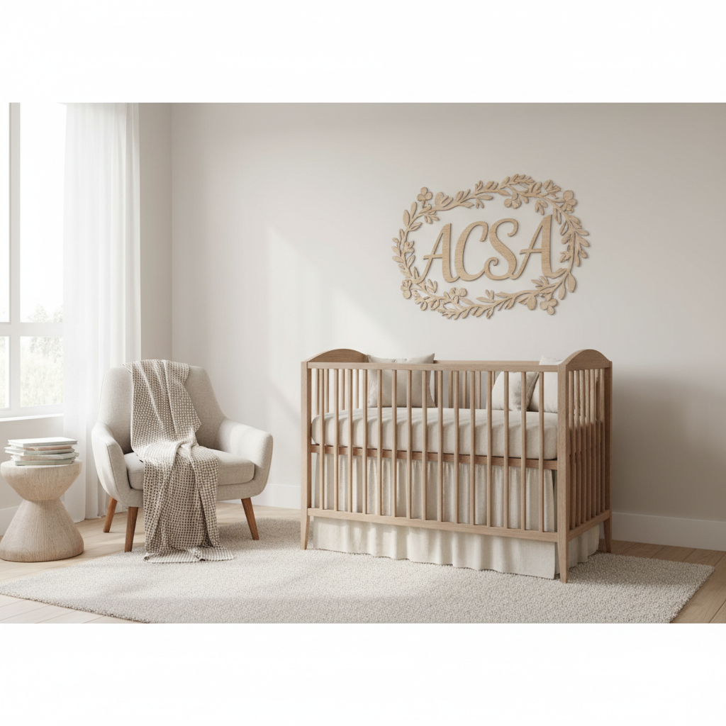 Ambiente aconchegante de um quarto de bebê com uma placa decorativa de madeira sobre o berço onde se lê o nome Acsa, servindo de inspiração para pais e mães.