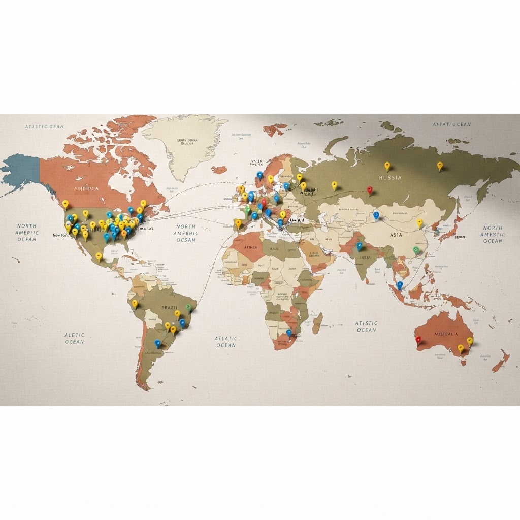 Um mapa-múndi estilizado com pins coloridos, simbolizando a popularidade e as variantes internacionais do nome Apollo.
