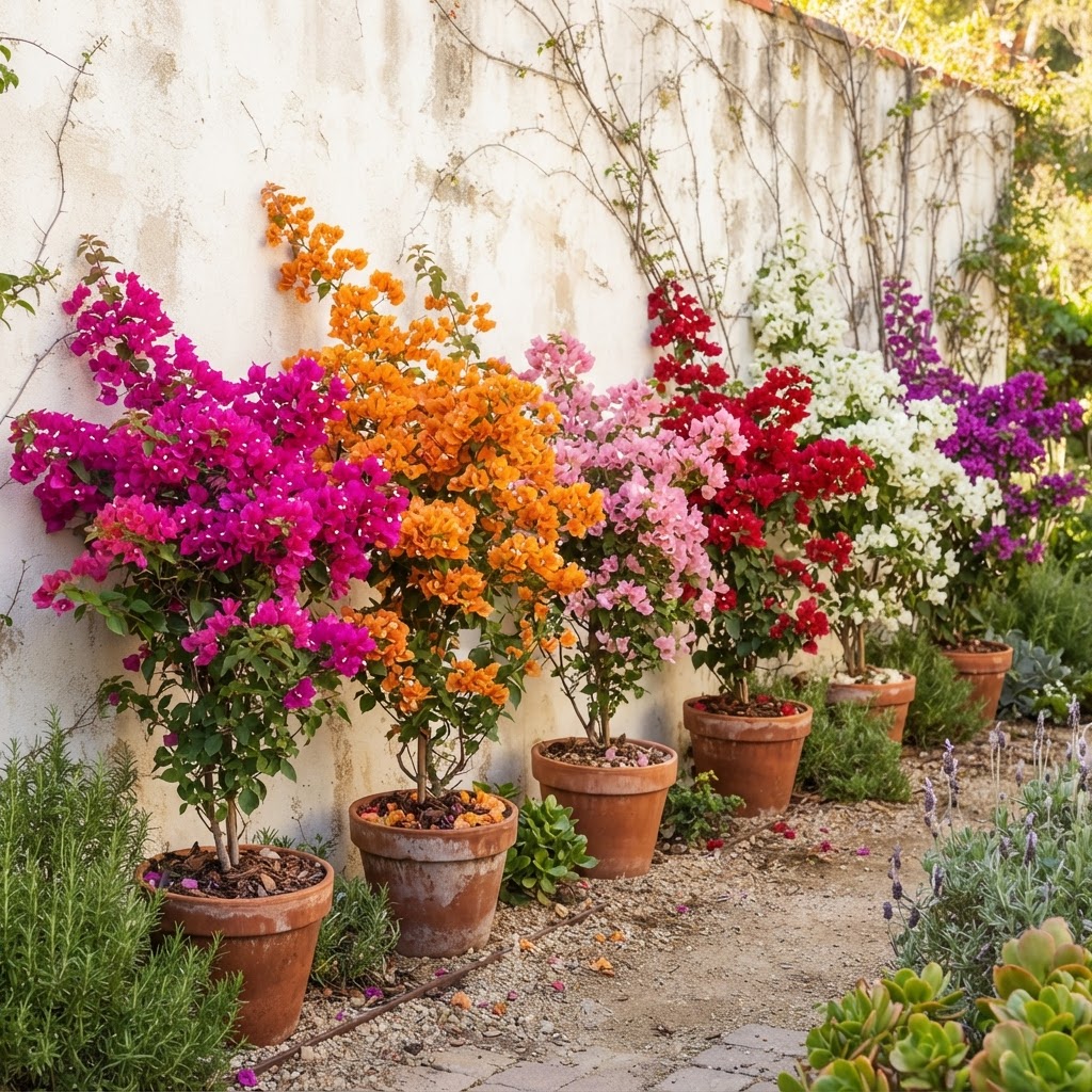 Uma variedade de mudas de Bougainvillea de diferentes cores como magenta, laranja e branco, dispostas lado a lado para exemplificar as escolhas de espécies para cobrir o muro.