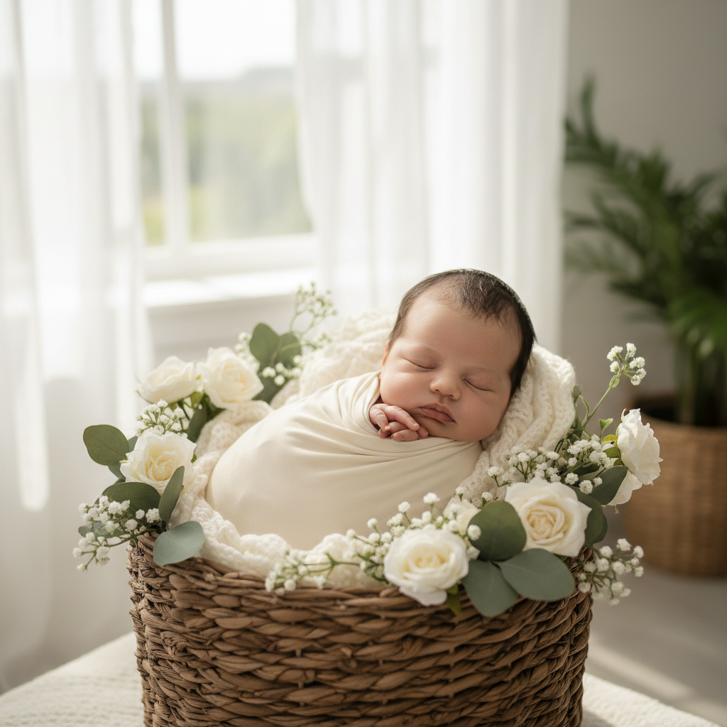 Uma imagem delicada de um bebe recem-nascido em um cesto de palha rodeado por flores brancas, capturando a essencia de pureza e a conexao com a natureza do significado do nome Maya.