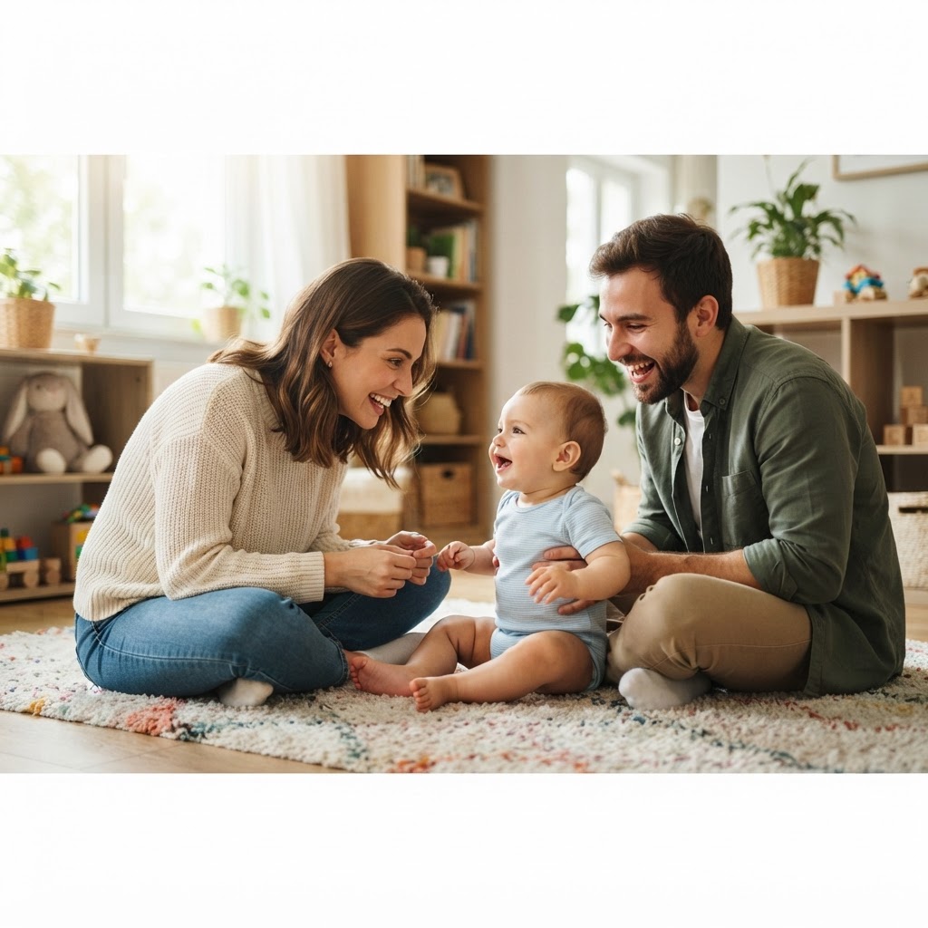 Pais sorridentes sentados no chão interagindo com o bebê em contato visual direto, incentivando a criança a repetir os sons de 'mamãe' e 'papai'.
