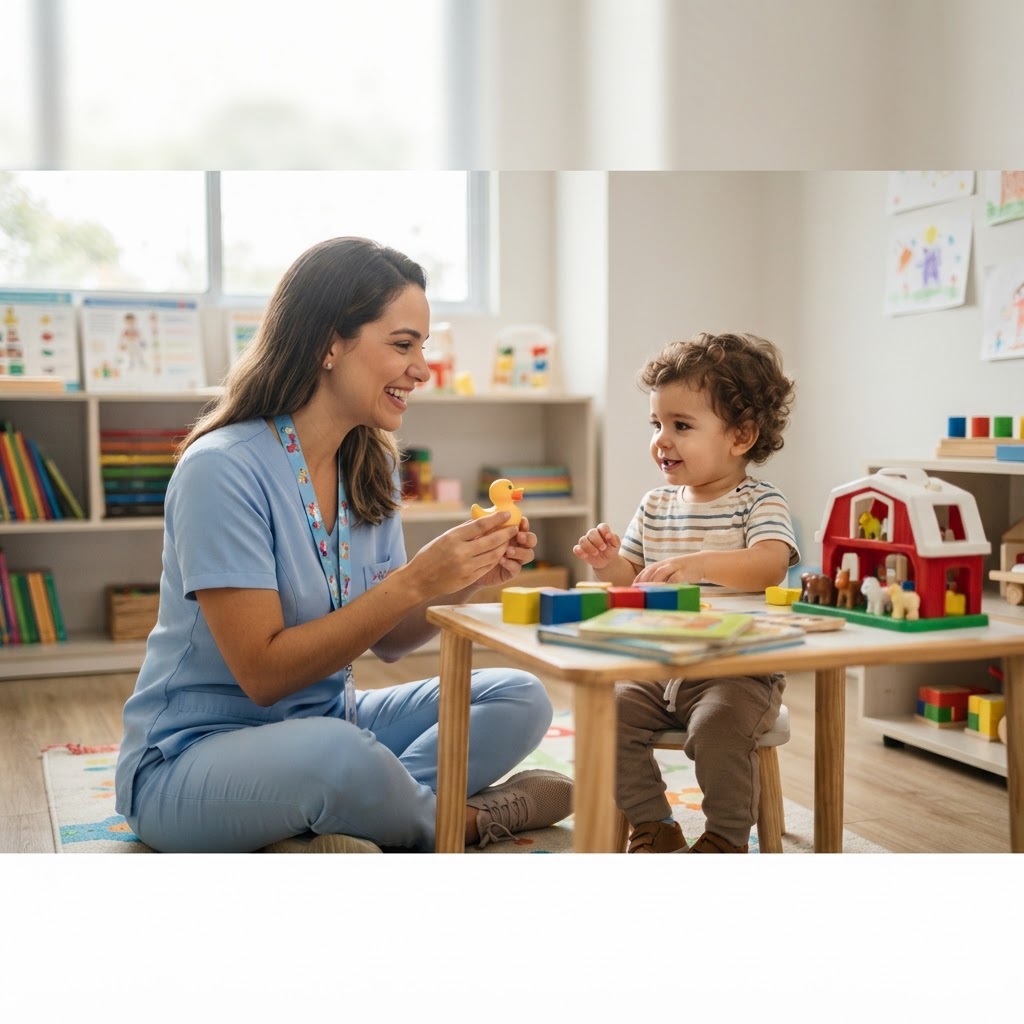 Profissional de fonoaudiologia infantil realizando uma avaliação lúdica com uma criança pequena, demonstrando a importância do suporte especializado no desenvolvimento da fala.
