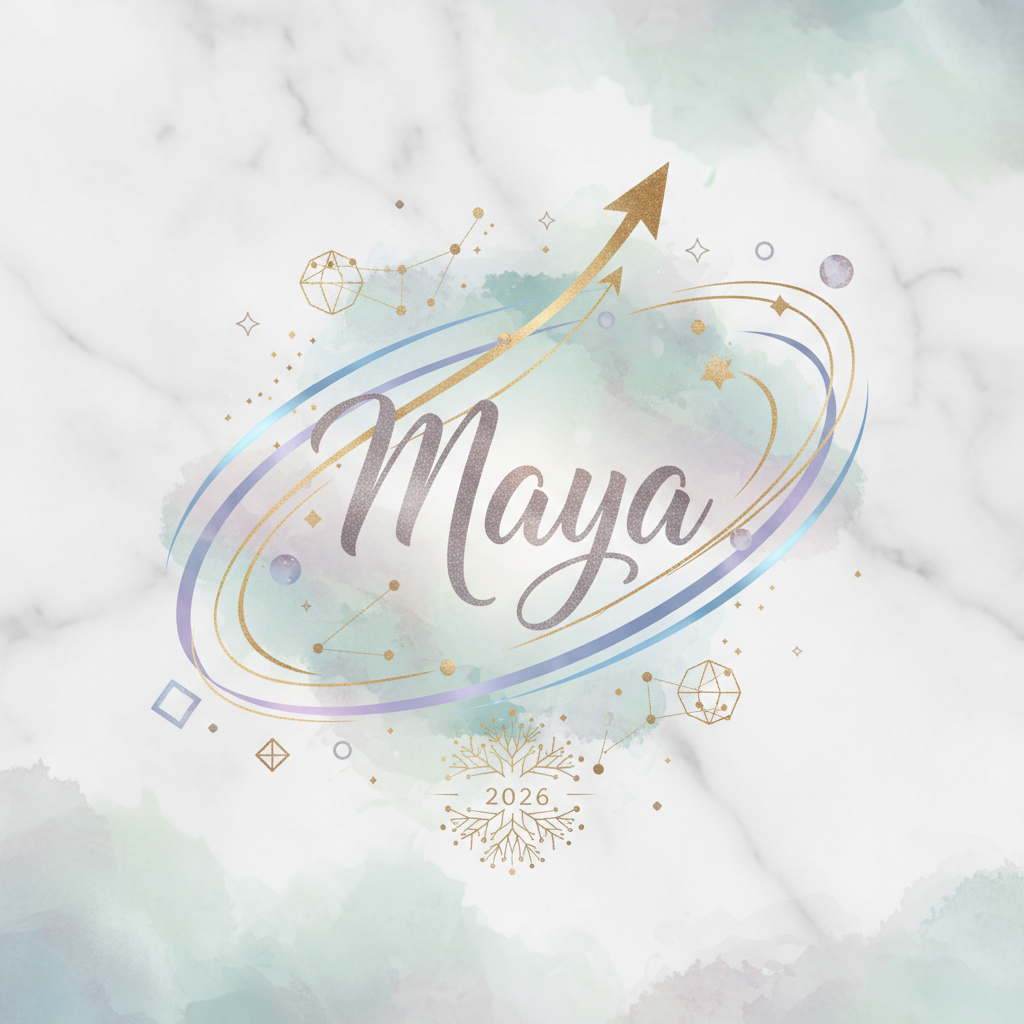 Um design moderno e minimalista com a palavra Maya em caligrafia elegante, cercada por elementos graficos que indicam sua ascensao como tendencia global para 2026.