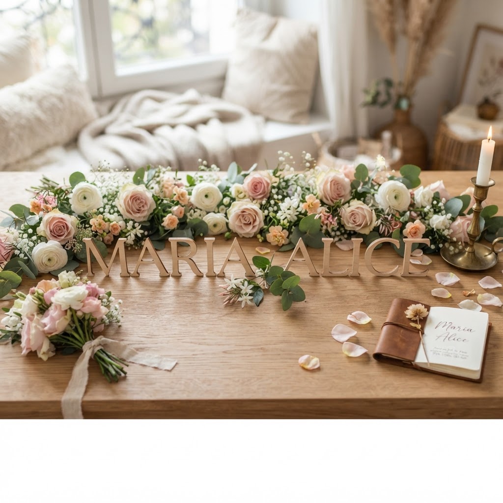 Uma composição delicada de flores e letras de madeira formando um nome elegante, simbolizando o equilíbrio entre o estilo clássico e o moderno nas combinações.