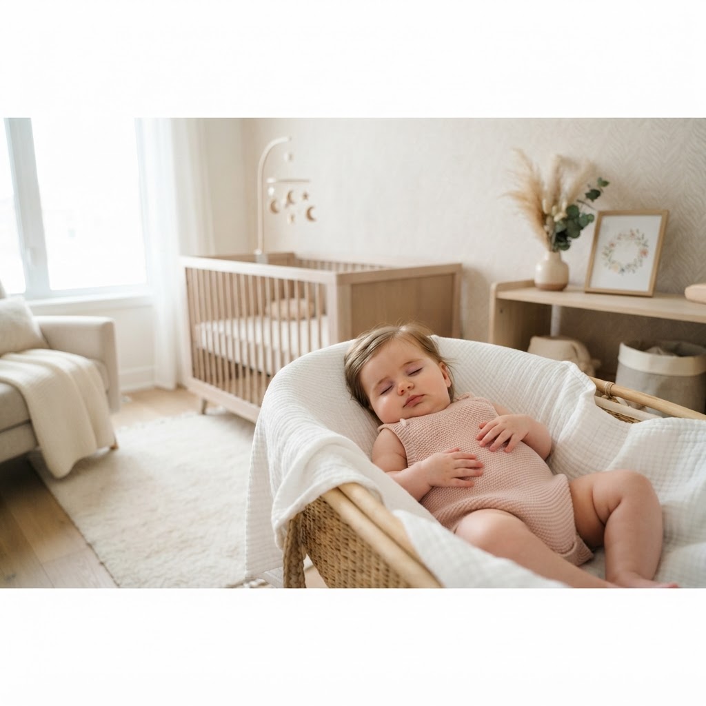 Uma bebê serena dormindo em um ambiente minimalista e sofisticado com tons pastéis, representando a modernidade das tendências de nomes de menina compostos para 2026.