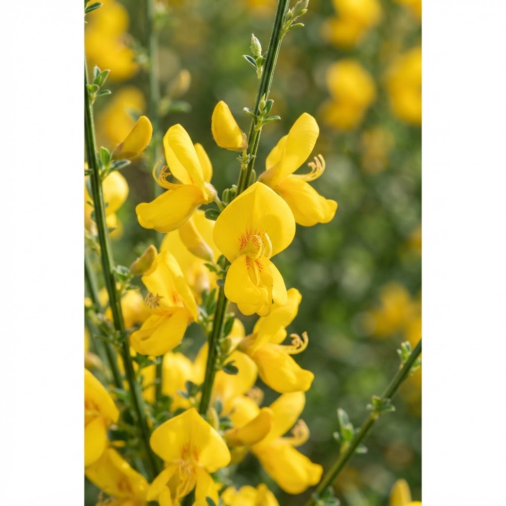 Close-up detalhado das flores amarelo-vibrante da Giesta (Cytisus) em destaque contra um fundo desfocado, evidenciando sua forma botânica característica.