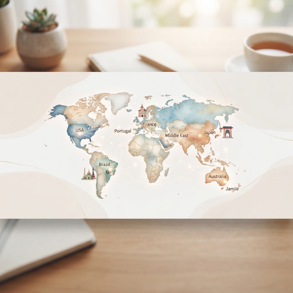 Representação visual de um mapa estilizado destacando a presença global e a diversidade cultural do nome Jamile pelo mundo.