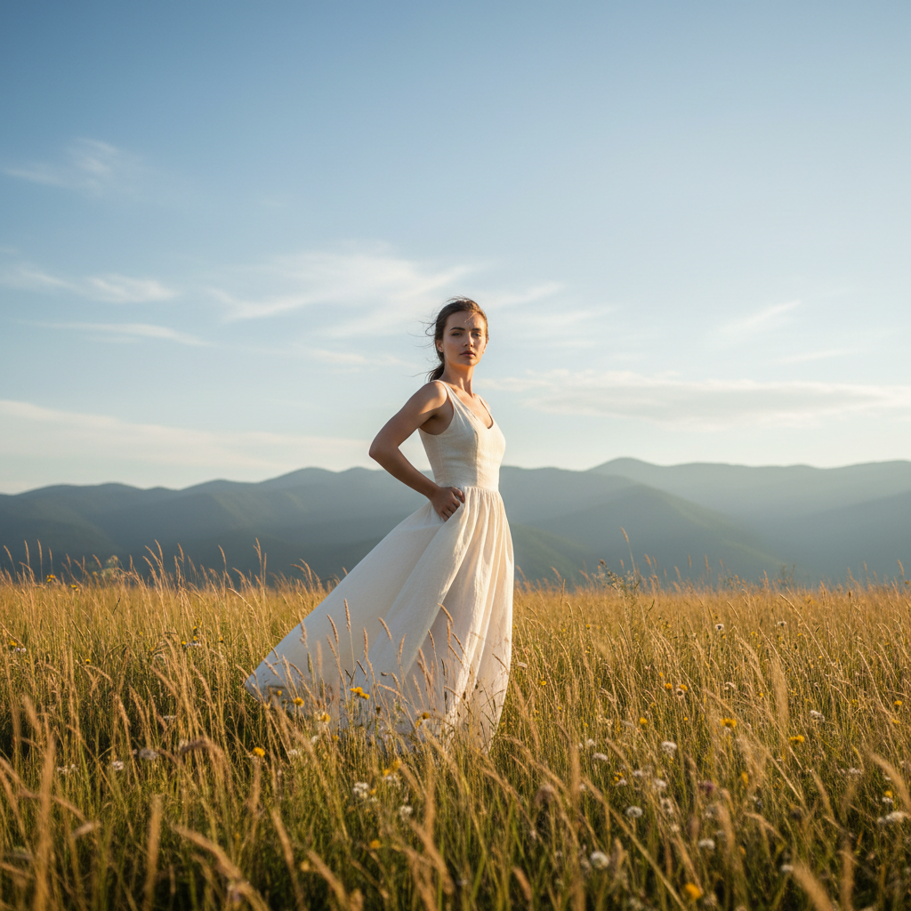 Retrato de uma mulher jovem com olhar determinado e confiante em um ambiente natural e iluminado, simbolizando a força e a personalidade marcante do nome Acsa.
