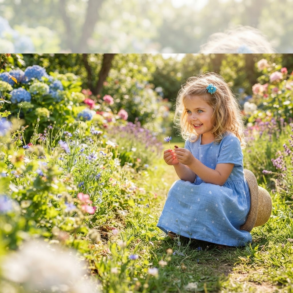 Menina pequena com expressão curiosa e olhar brilhante em um jardim ensolarado, capturando a essência vibrante e a personalidade associada ao significado do nome Mavi.