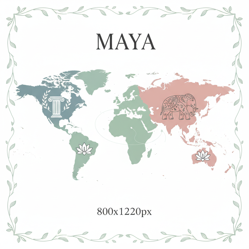 Um mapa mundi em tons pastel com icones artisticos representando a Grecia e a India, ilustrando as diversas origens e a etimologia multicultural do nome Maya.
