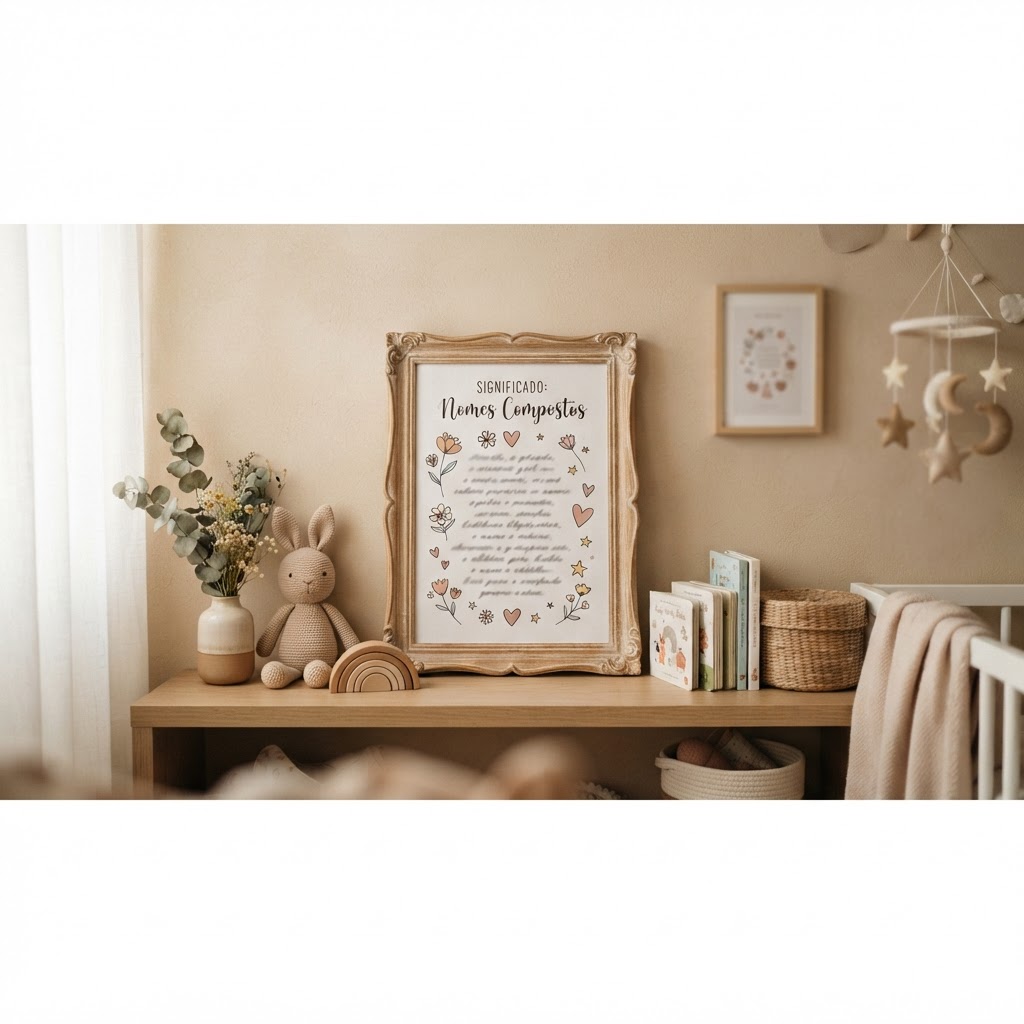 Um quadro decorativo infantil com o significado de um nome composto escrito em caligrafia artística, destacando a importância da origem e do simbolismo para os pais.