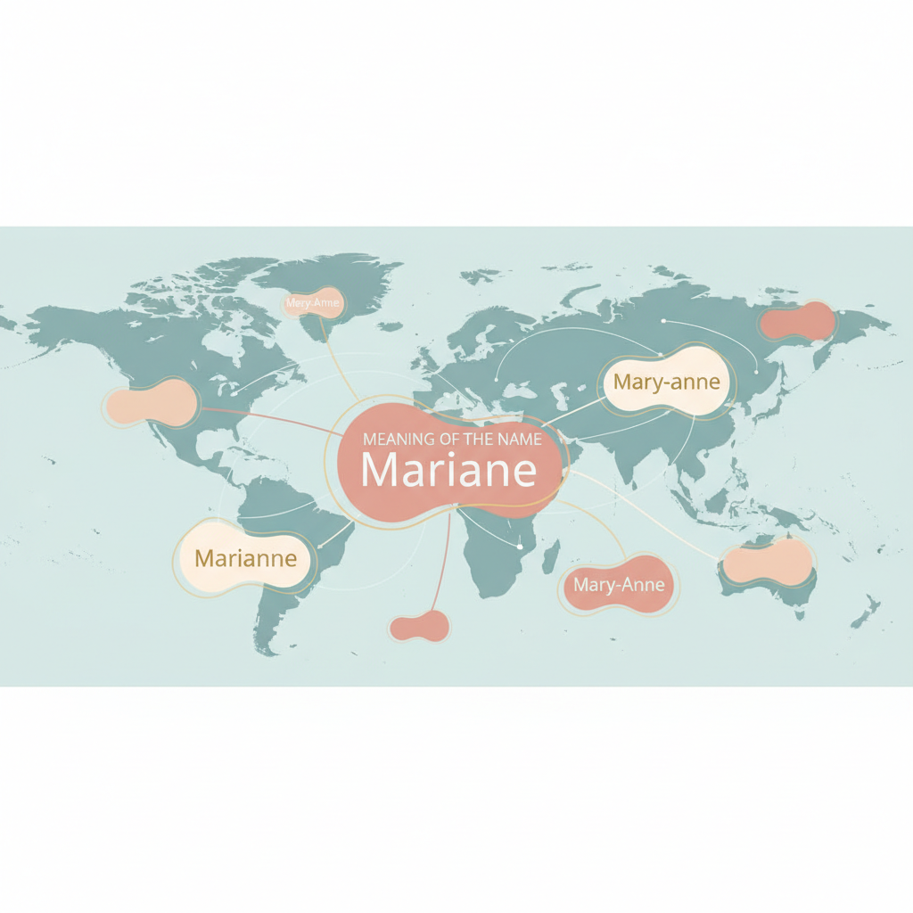 Um infografico visualmente atraente mostrando as variacoes do nome Mariane ao redor do mundo, como Marianne e Mary-Anne, sobrepostas a um mapa mundi estilizado.