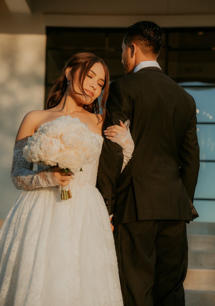 Bride and groom during golden hour
