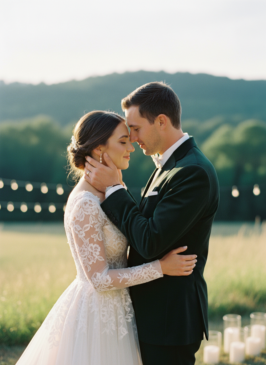 Cinematic wedding embrace during golden hour