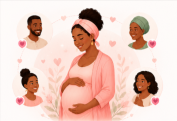 A pregnant woman surrounded by her loving support circle