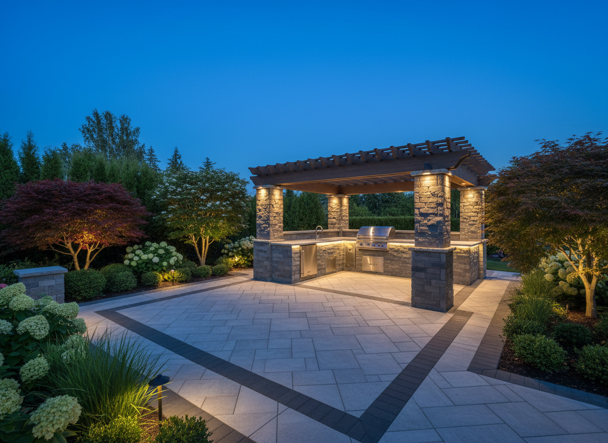 Modern paver patio with outdoor kitchen