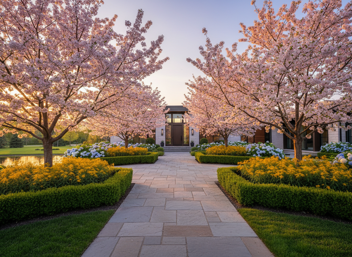 Manicured front yard with stone walkway
