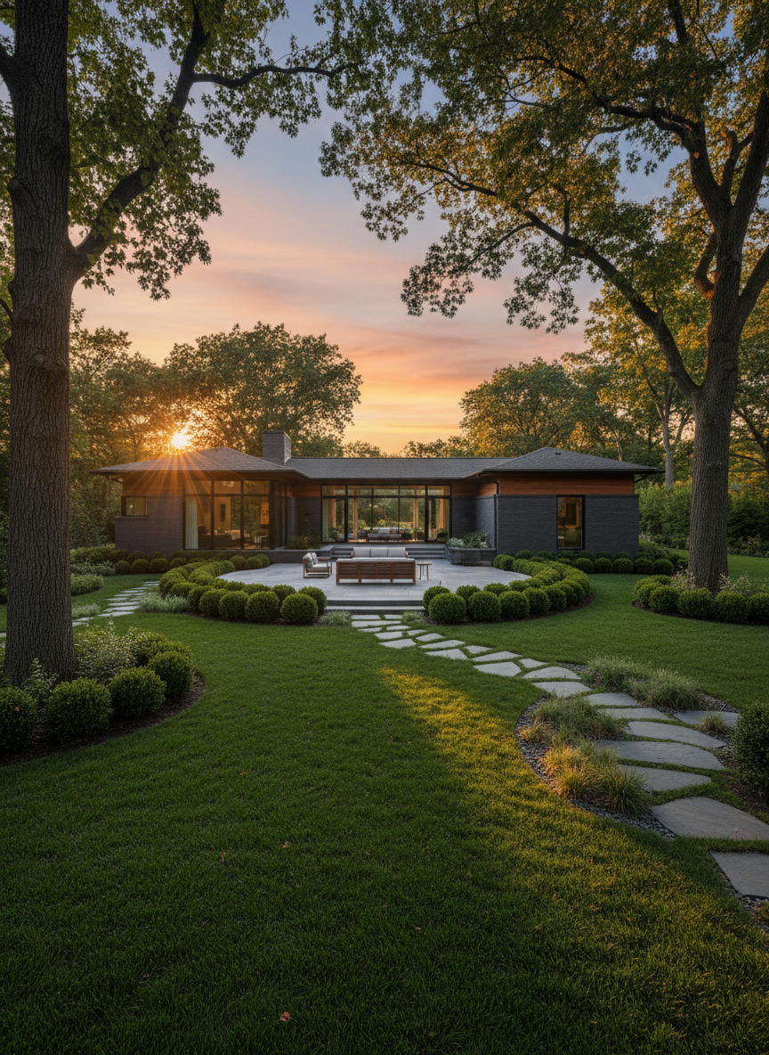 Beautiful landscape design at golden hour