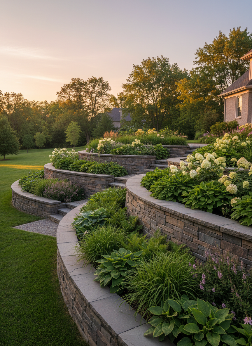 Natural stone retaining wall with tiered garden
