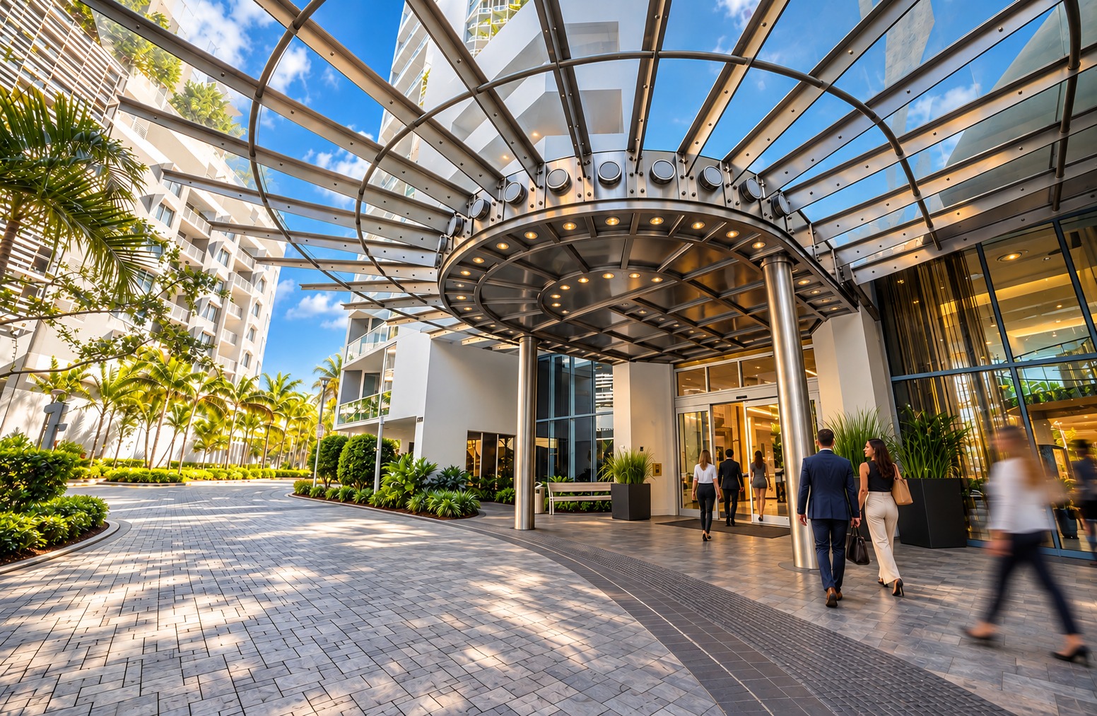 River House Las Olas entrance with palm trees and stone walkway