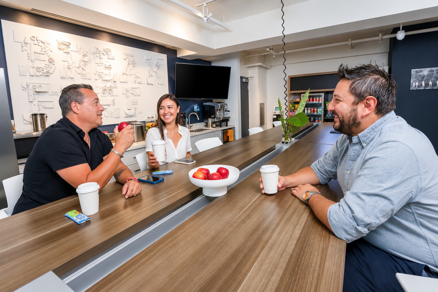 Communal kitchen and cafe counter with members