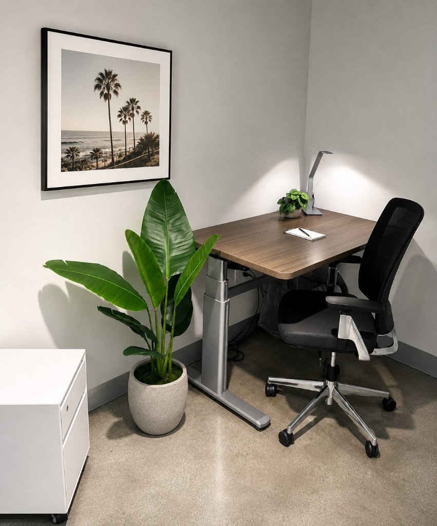1-Person Office, woman solo, teal carpet, window with sky/palm view