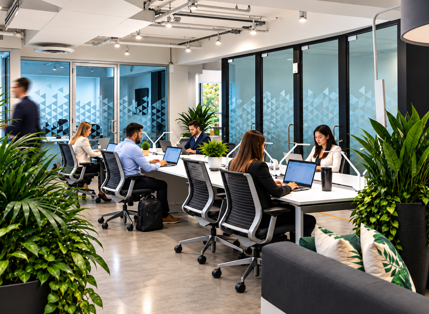 Communal coworking desk with members working behind frosted glass partitions